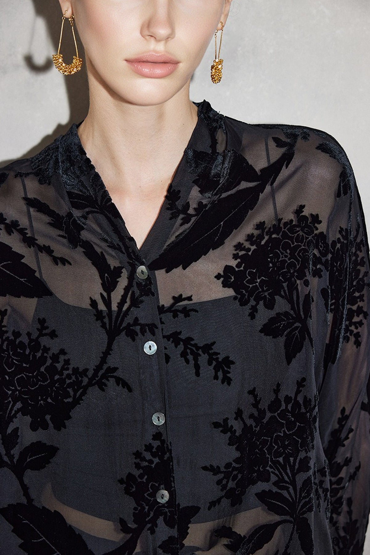 100% Sheer Silk Floral Burnout Velvet Button-Up Blouse