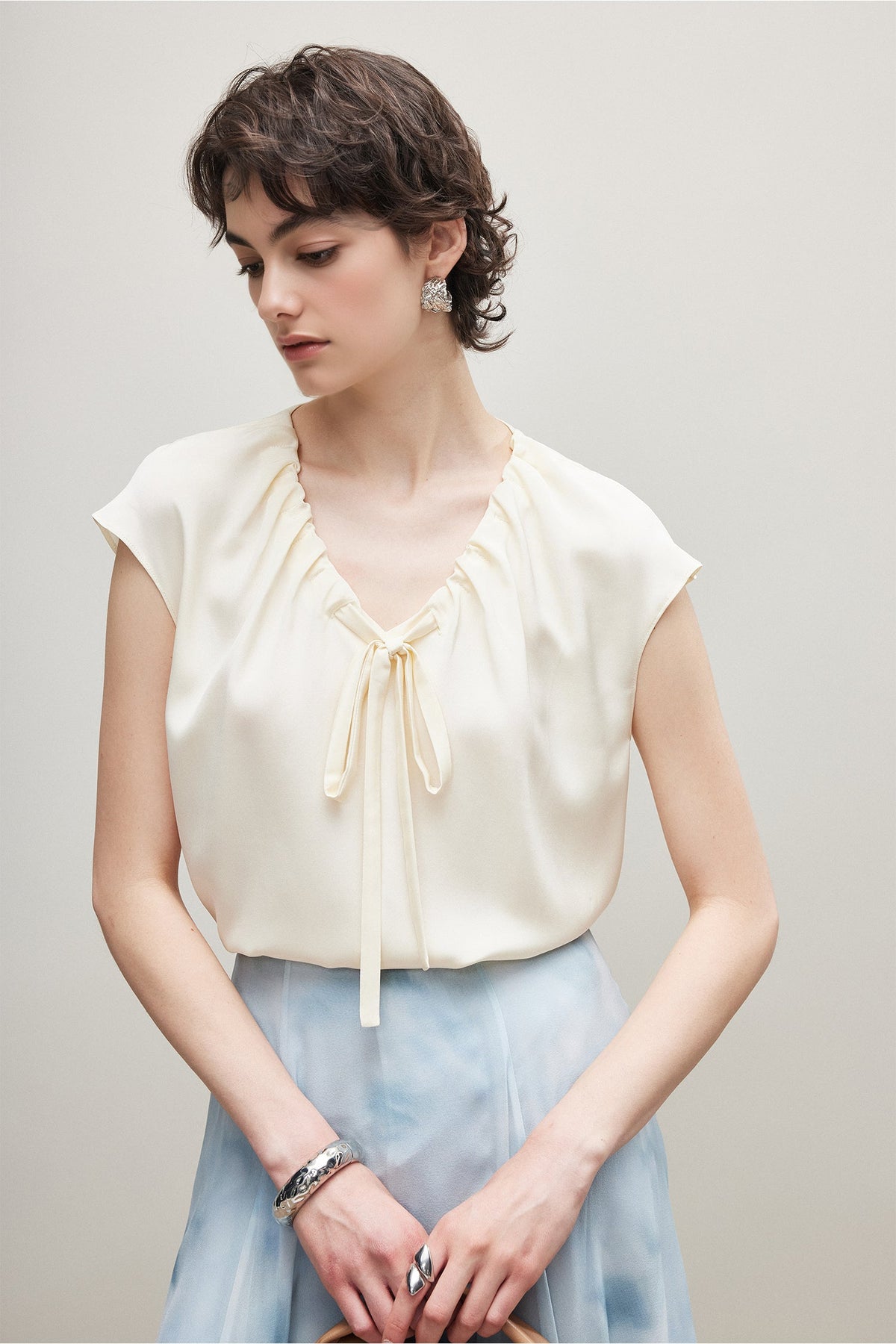 100% Silk 30 MM Heavy Crepe Ruched V-Neck Blouse