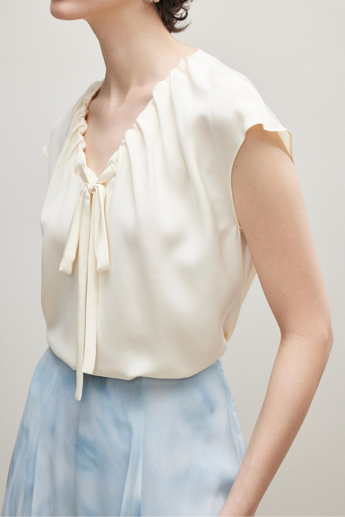 100% Silk 30 MM Heavy Crepe Ruched V-Neck Blouse