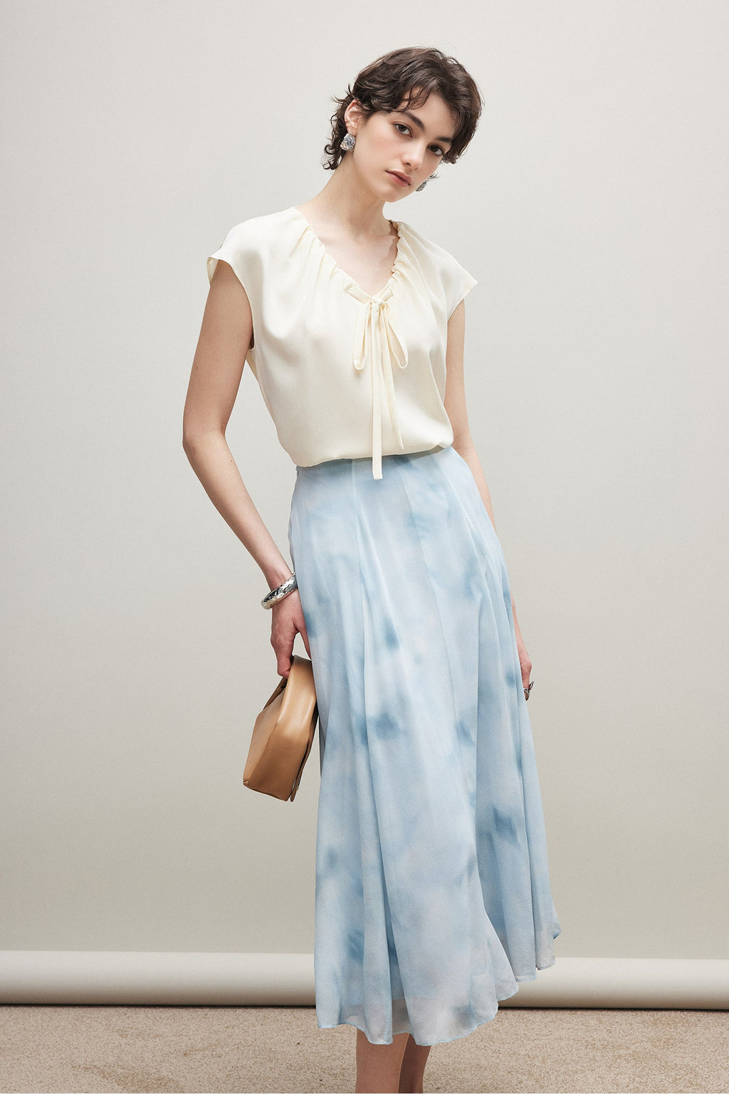100% Silk 30 MM Heavy Crepe Ruched V-Neck Blouse