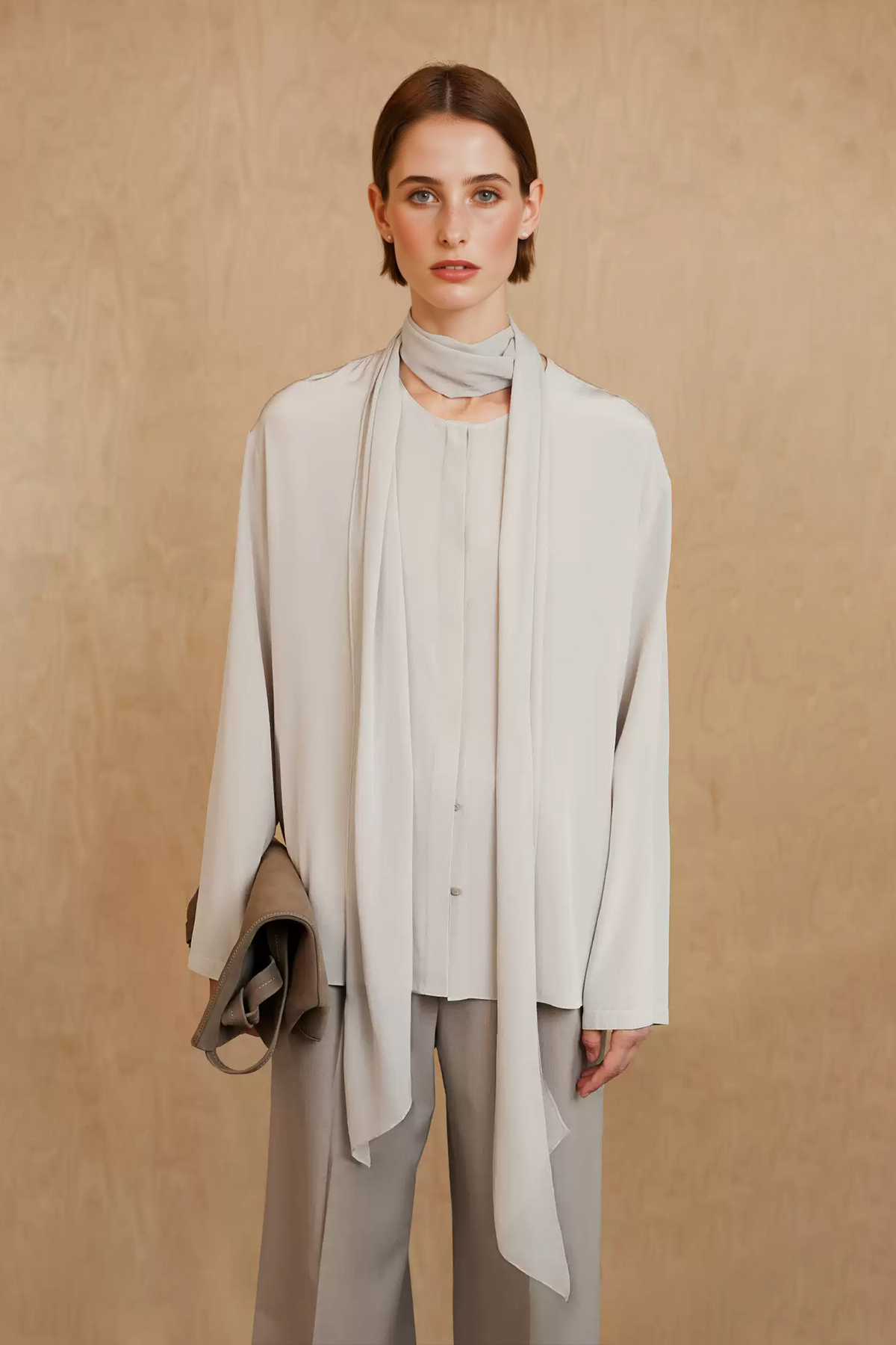 100% Silk Collarless Long Sleeve Blouse with Detachable Scarf