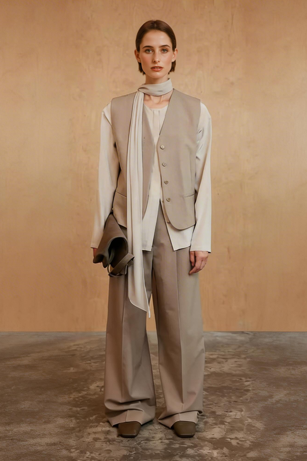 100% Silk Collarless Long Sleeve Blouse with Detachable Scarf