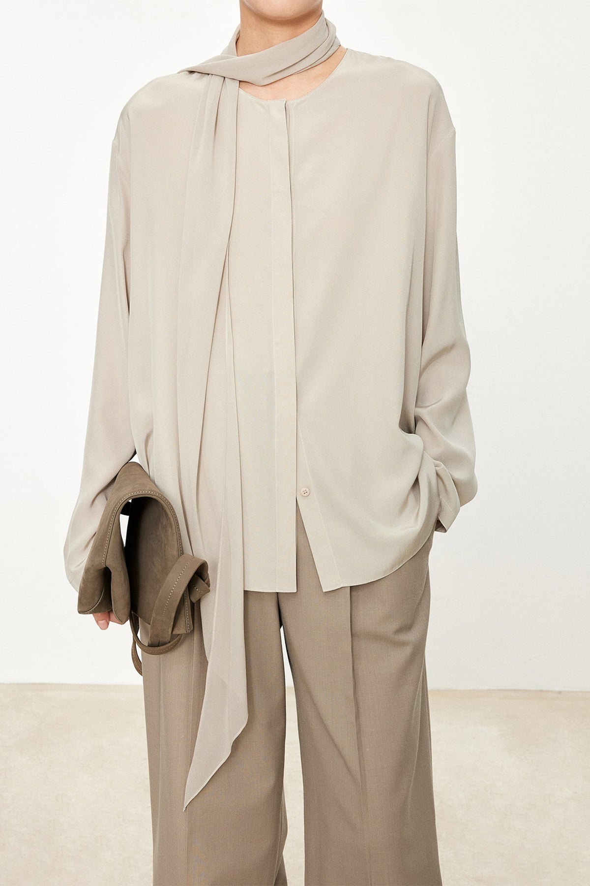 100% Silk Collarless Long Sleeve Blouse with Detachable Scarf