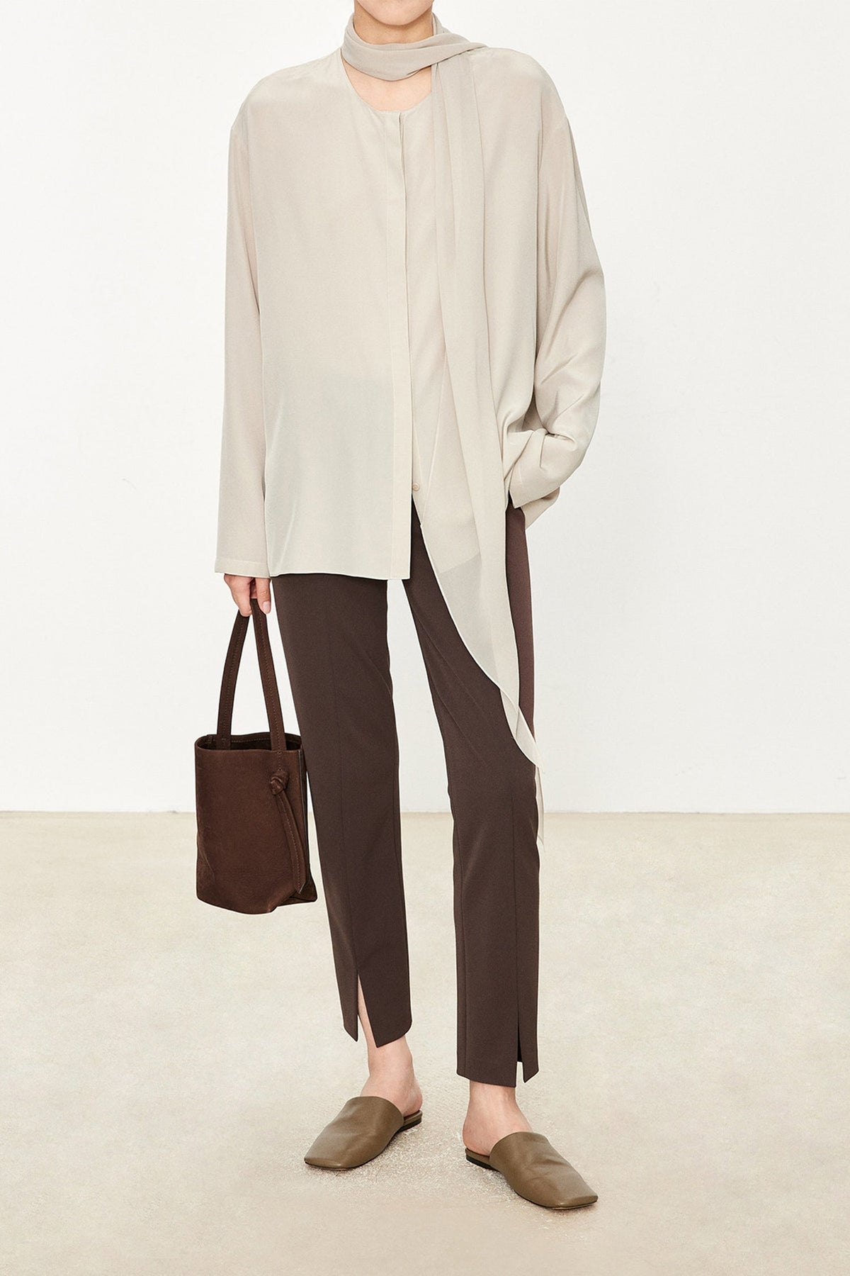 100% Silk Collarless Long Sleeve Blouse with Detachable Scarf
