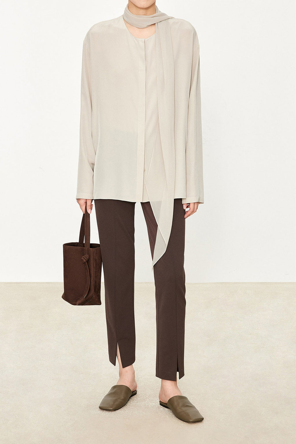 100% Silk Collarless Long Sleeve Blouse with Detachable Scarf