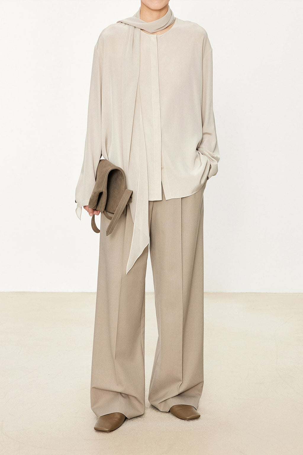 100% Silk Collarless Long Sleeve Blouse with Detachable Scarf
