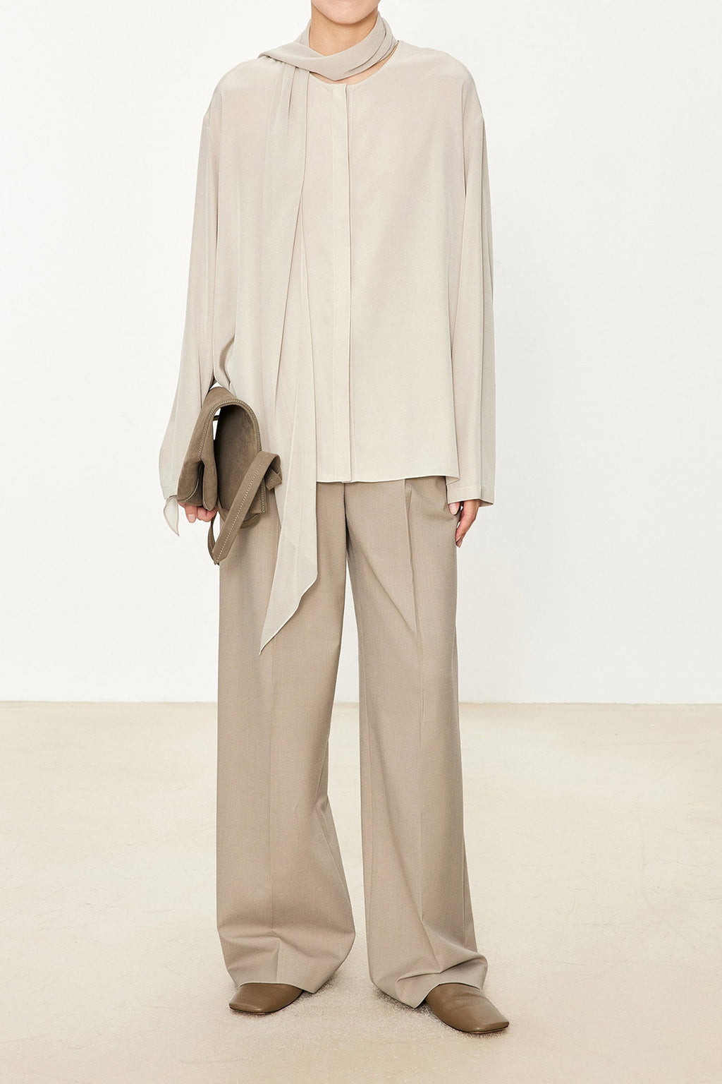 100% Silk Collarless Long Sleeve Blouse with Detachable Scarf