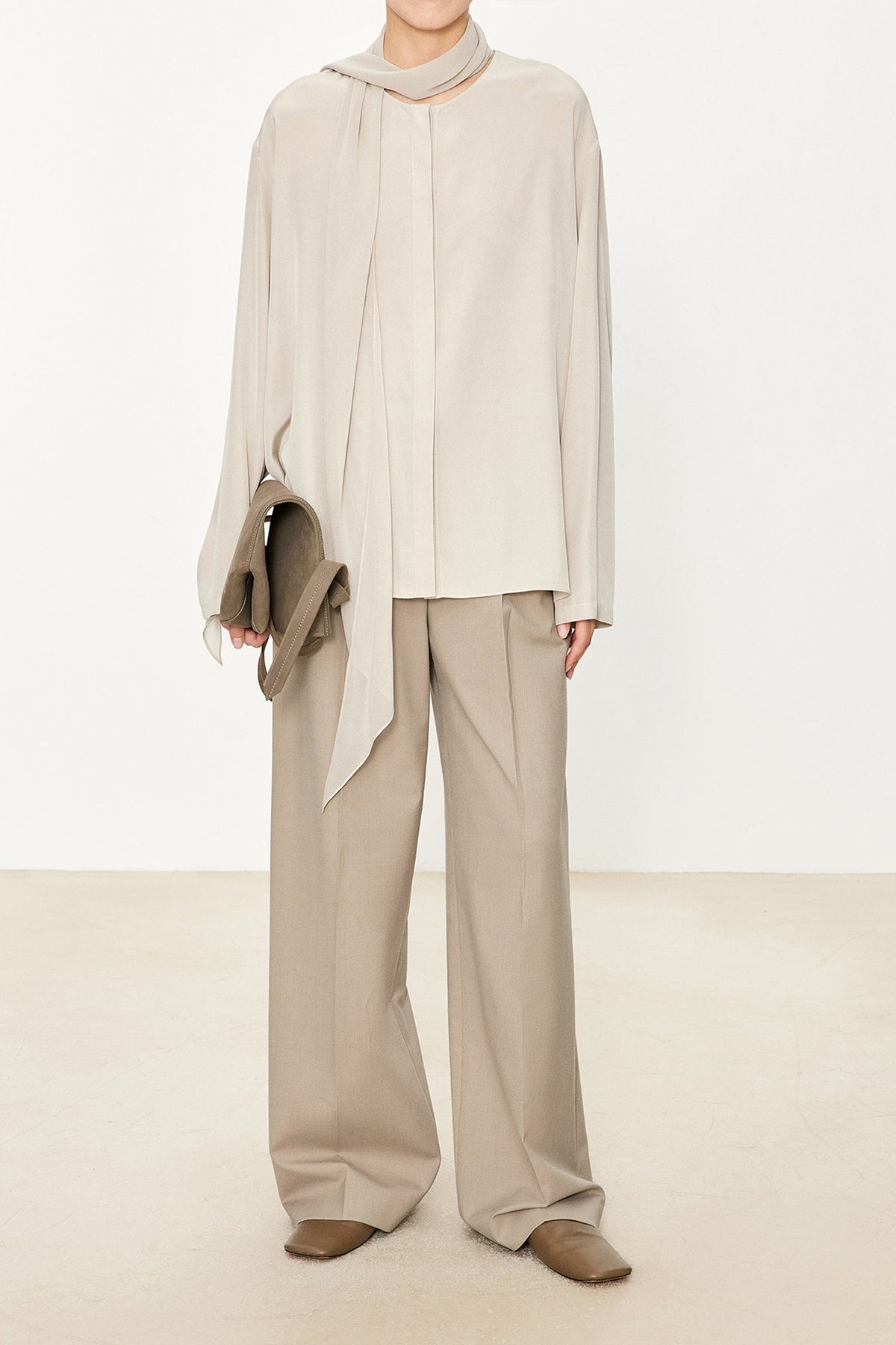 100% Silk Collarless Long Sleeve Blouse with Detachable Scarf