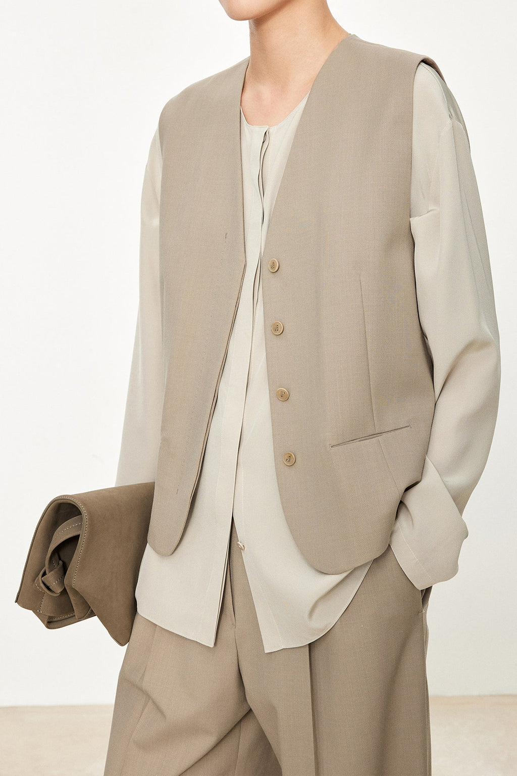 100% Silk Collarless Long Sleeve Blouse with Detachable Scarf