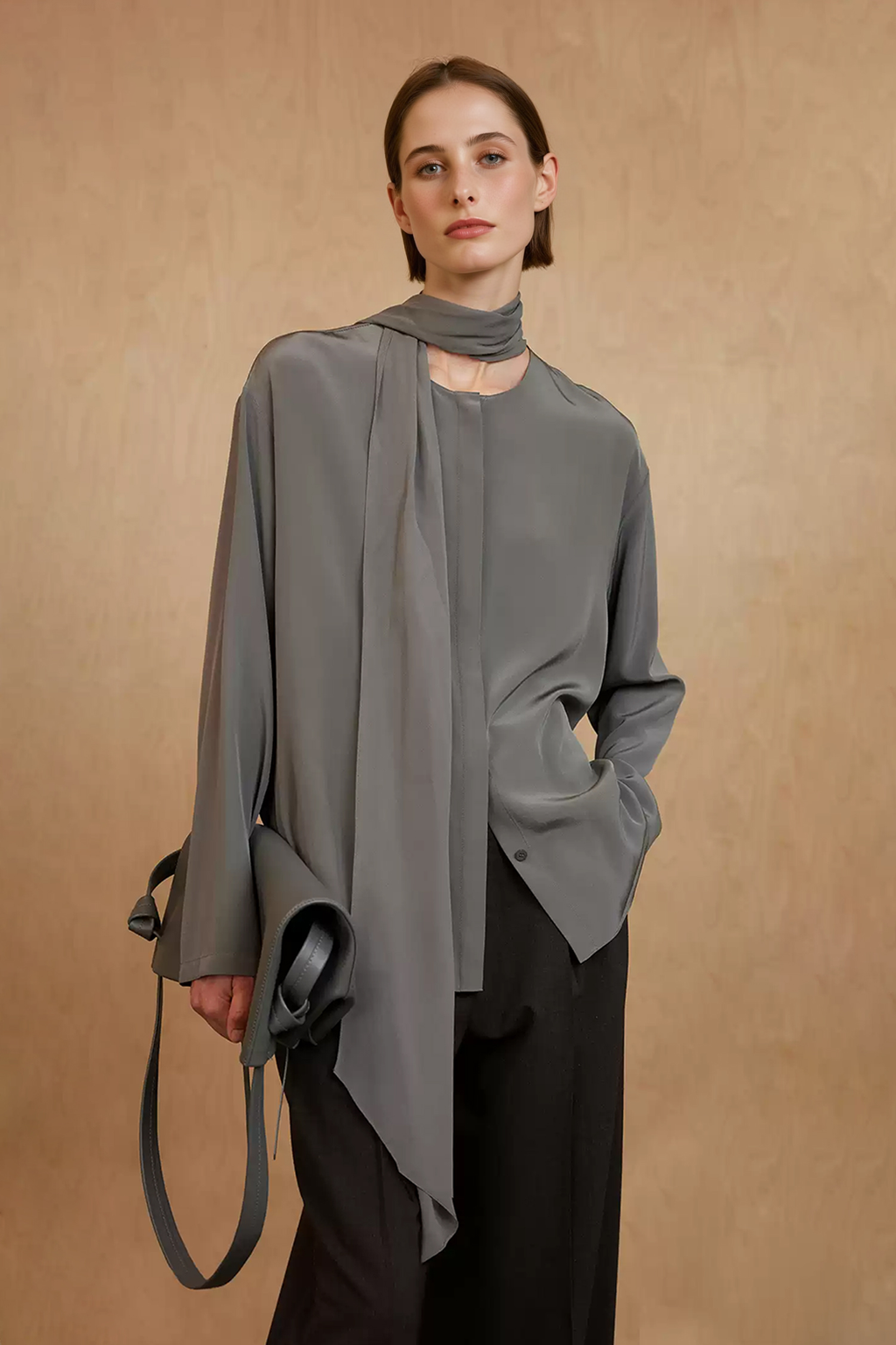 100% Silk Collarless Long Sleeve Blouse with Detachable Scarf