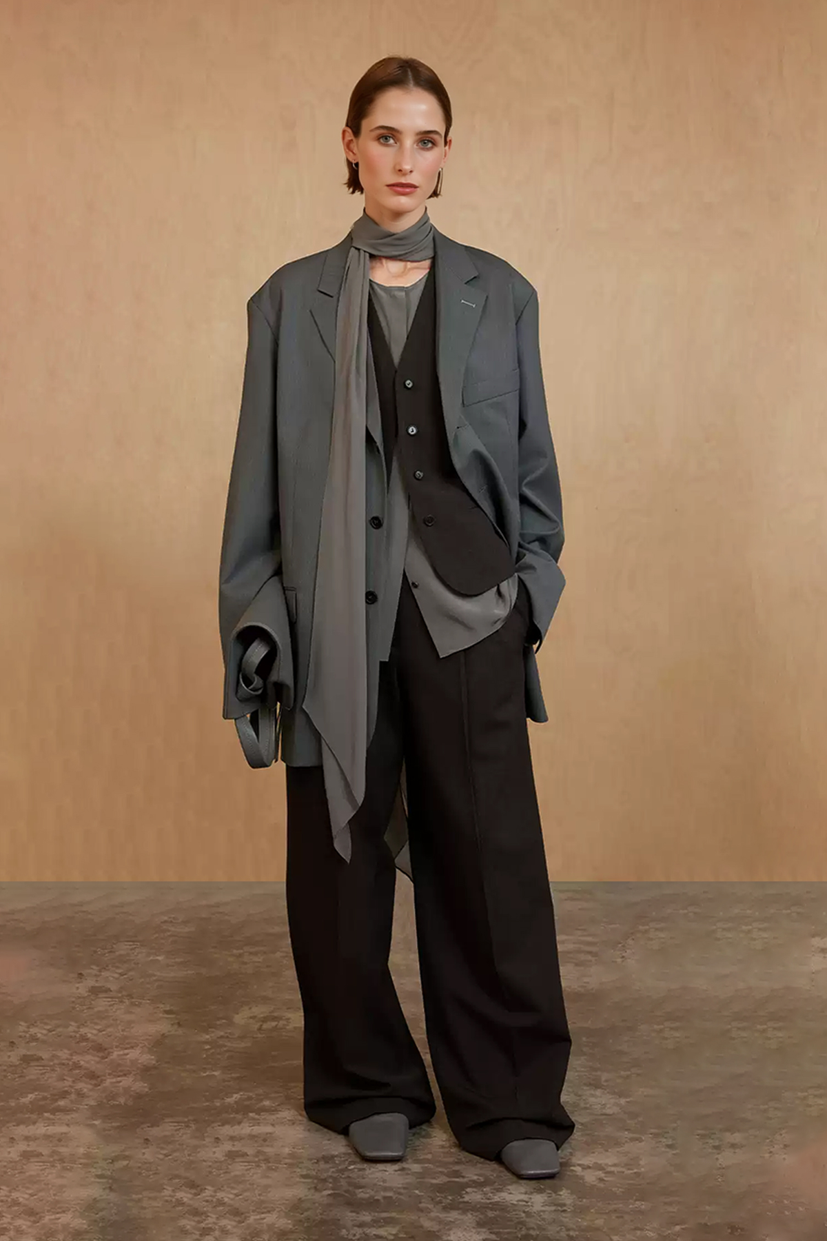 100% Silk Collarless Long Sleeve Blouse with Detachable Scarf