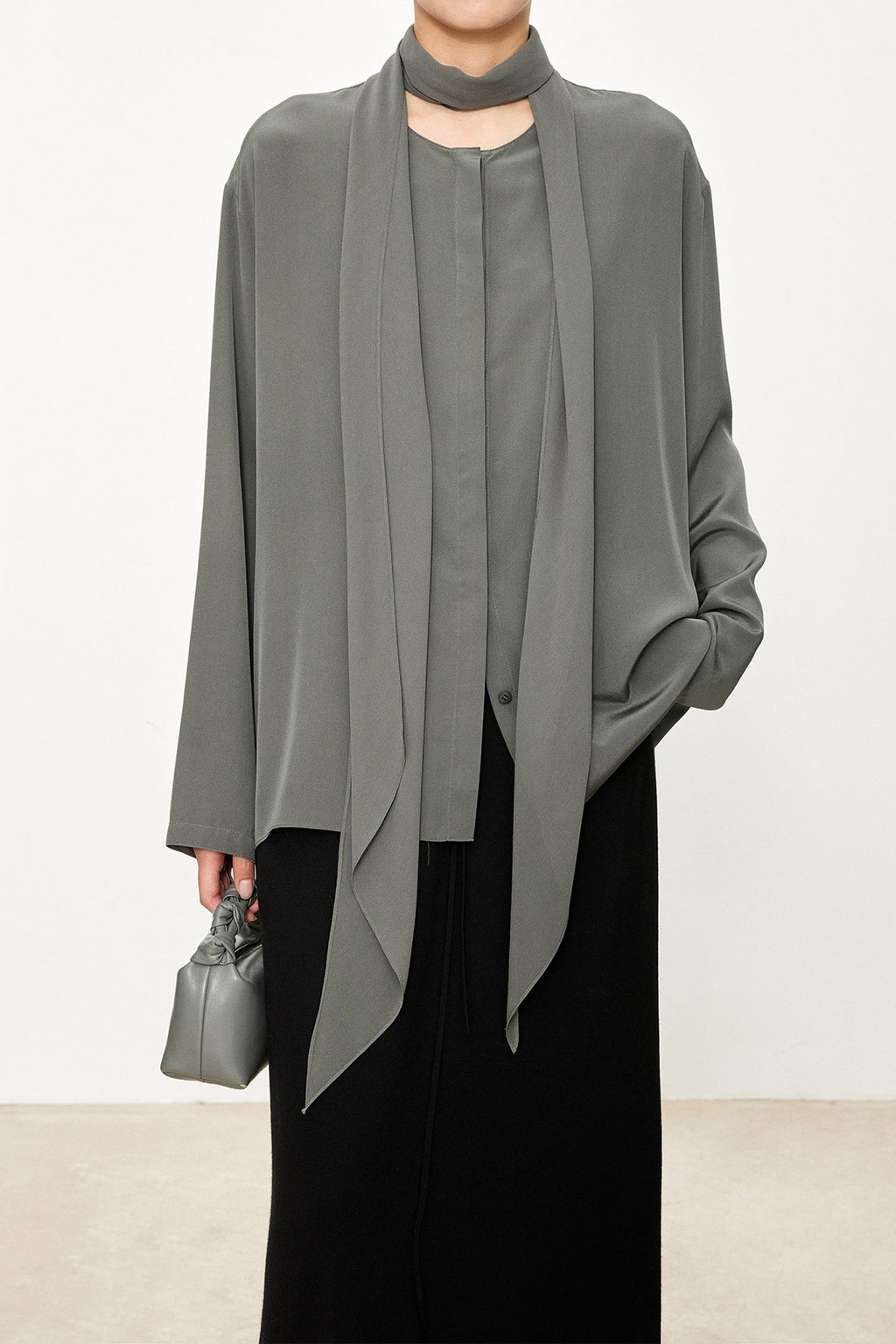 100% Silk Collarless Long Sleeve Blouse with Detachable Scarf