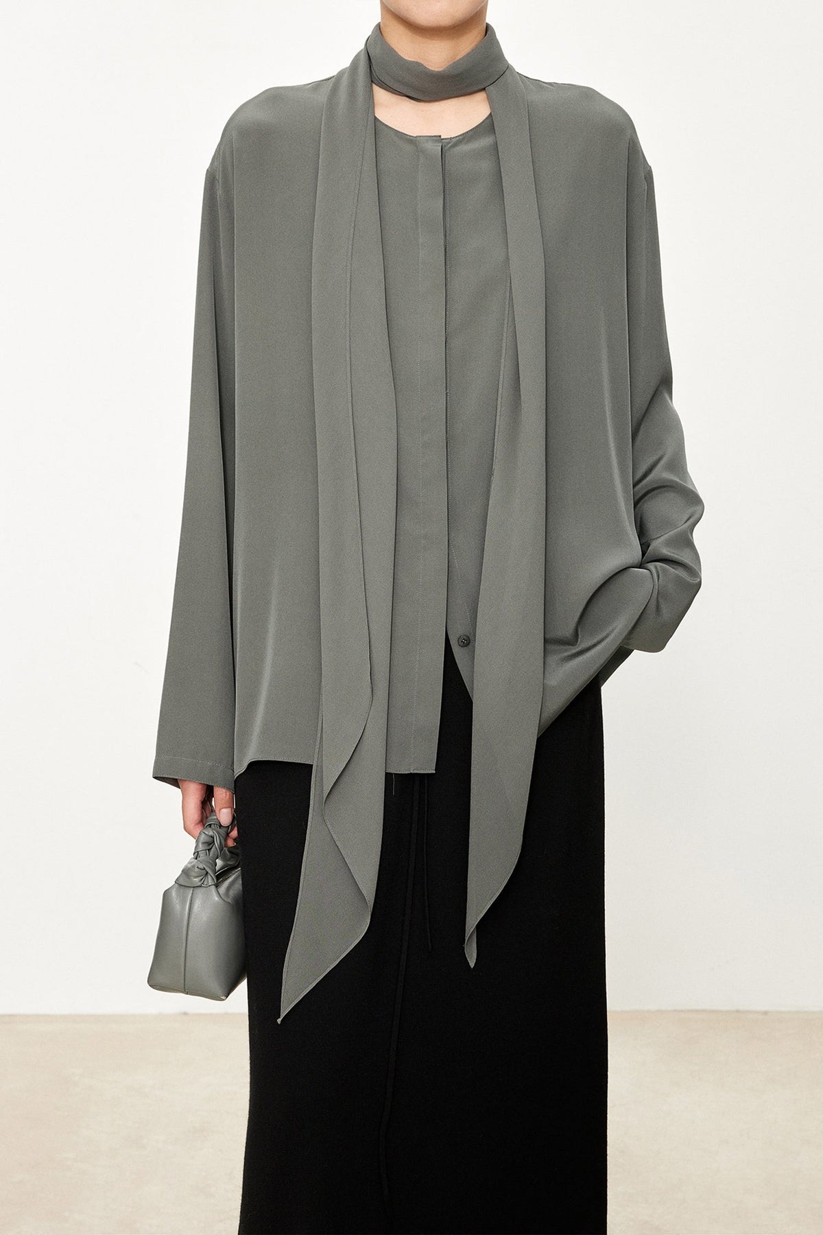 100% Silk Collarless Long Sleeve Blouse with Detachable Scarf