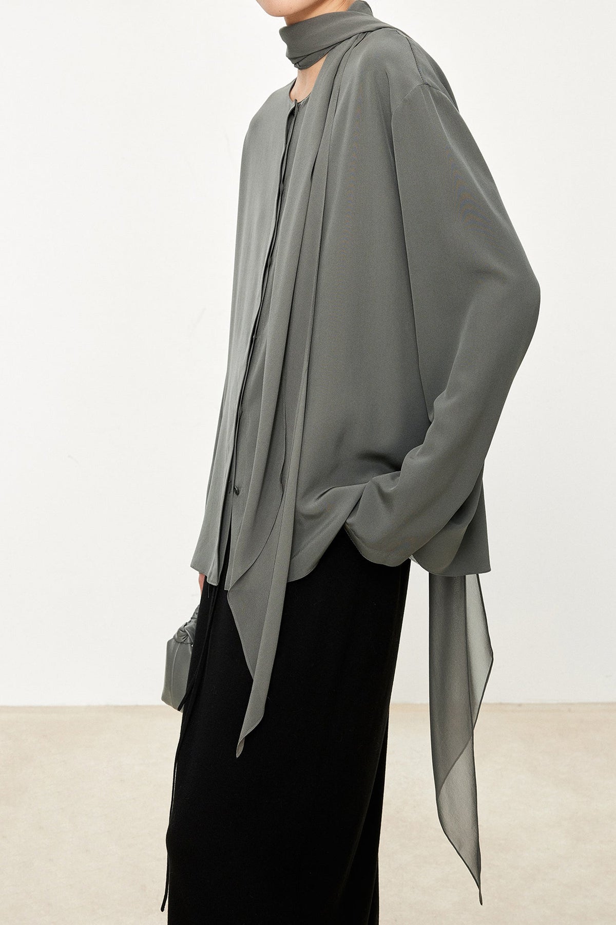 100% Silk Collarless Long Sleeve Blouse with Detachable Scarf