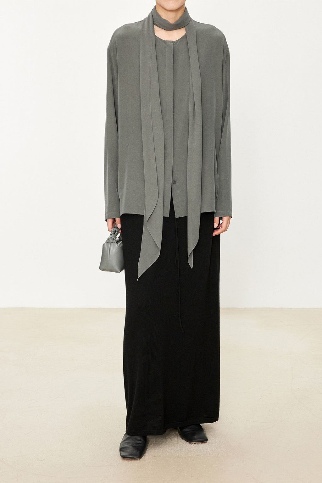 100% Silk Collarless Long Sleeve Blouse with Detachable Scarf