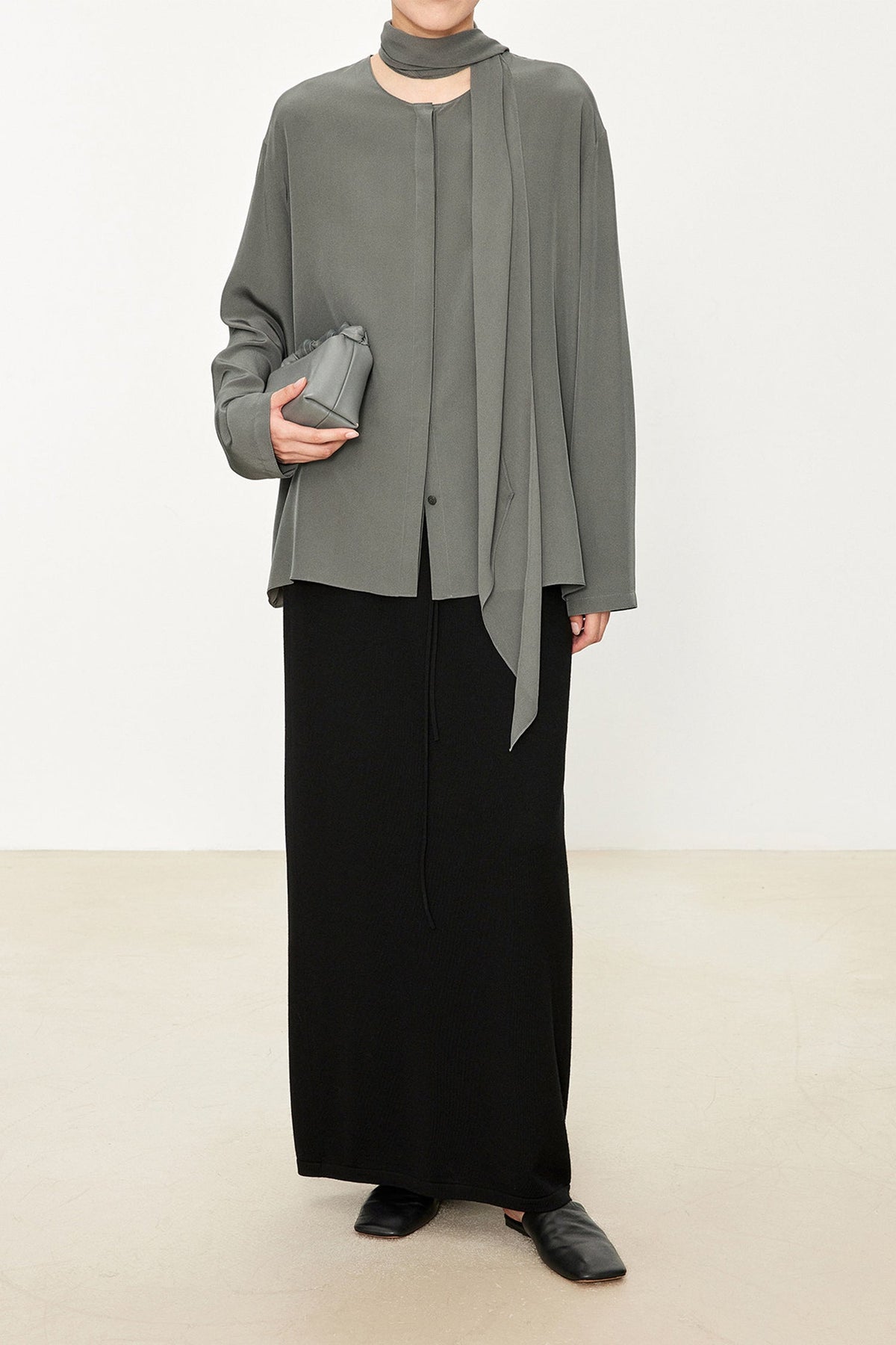 100% Silk Collarless Long Sleeve Blouse with Detachable Scarf