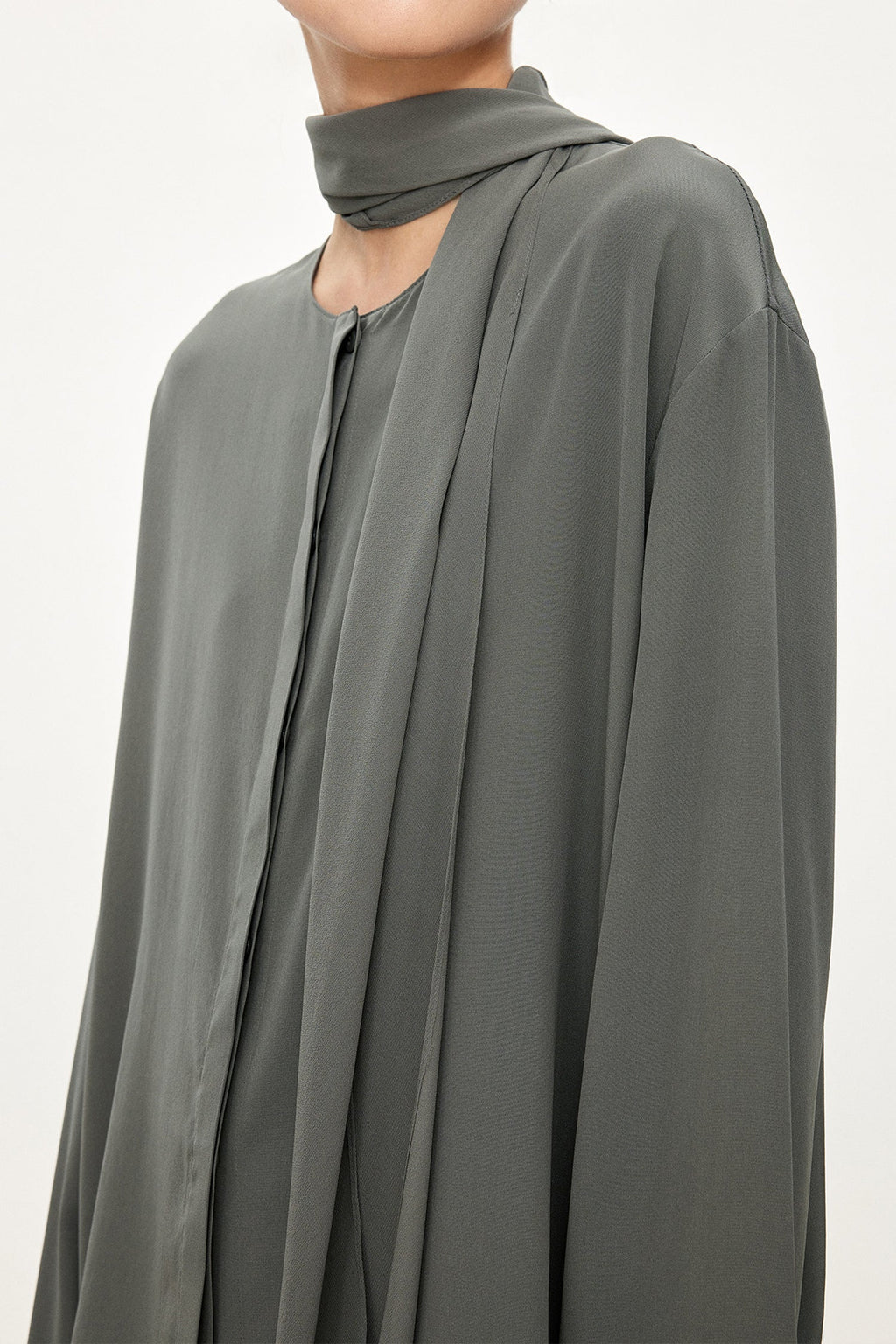 100% Silk Collarless Long Sleeve Blouse with Detachable Scarf