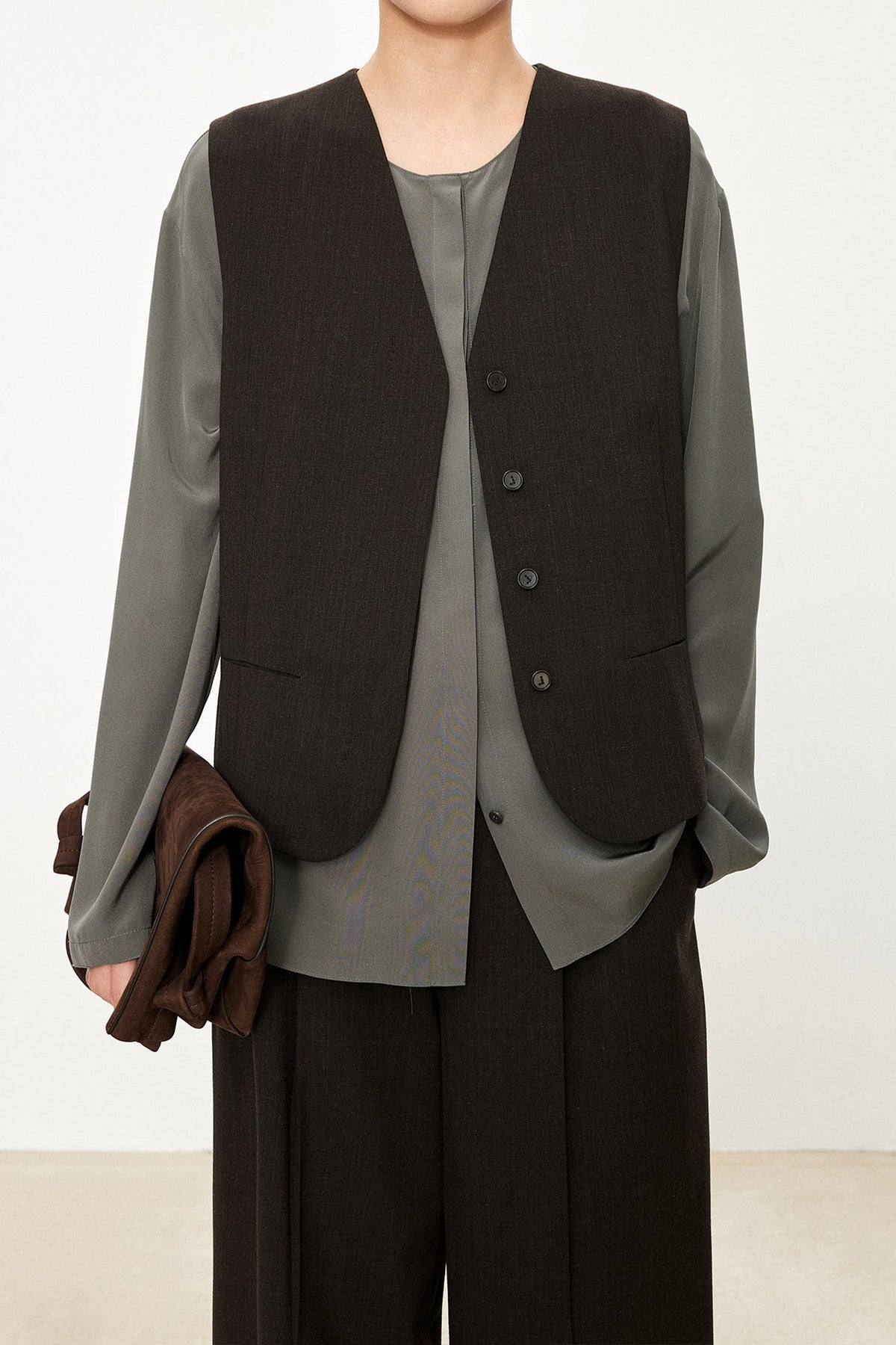 100% Silk Collarless Long Sleeve Blouse with Detachable Scarf
