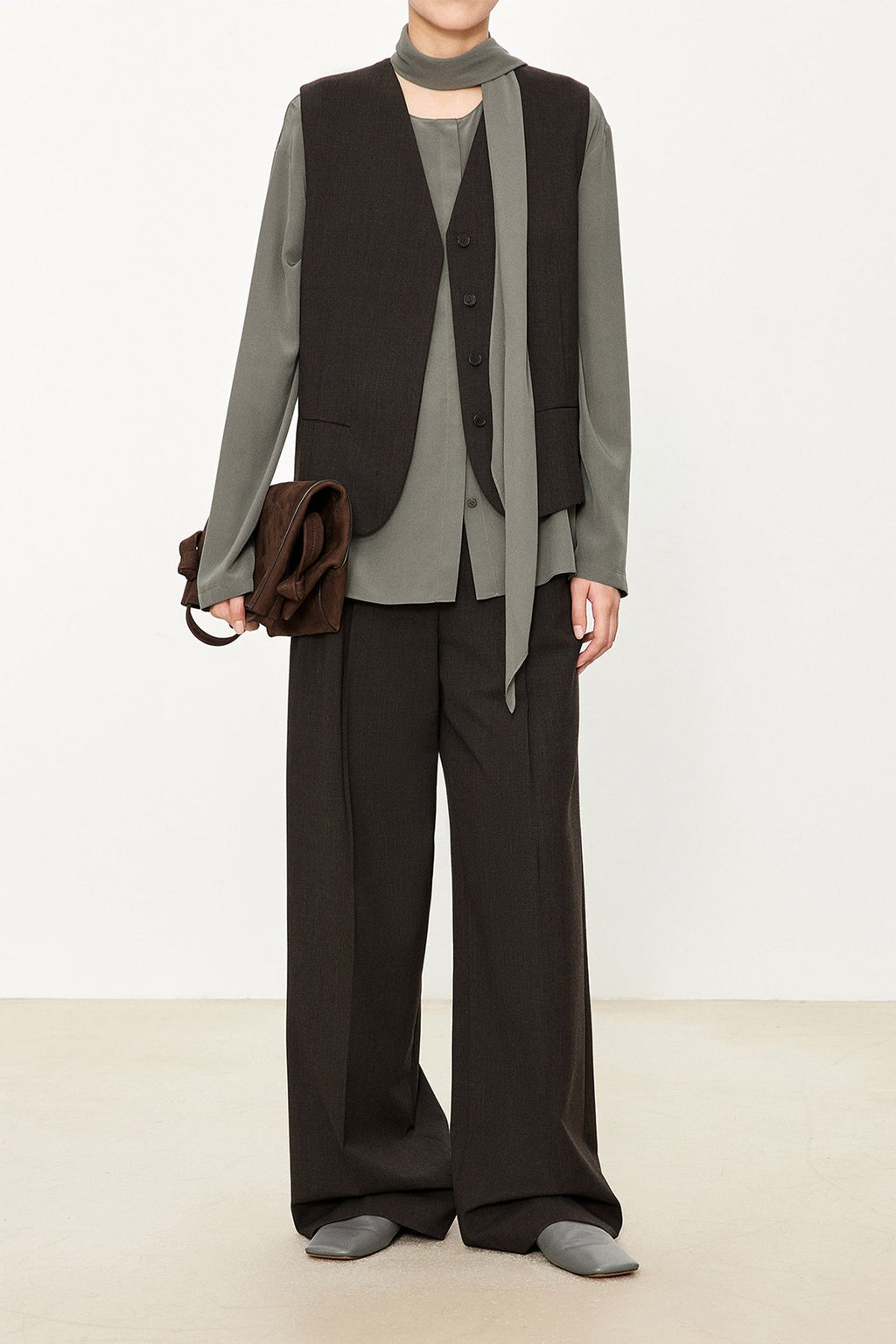 100% Silk Collarless Long Sleeve Blouse with Detachable Scarf