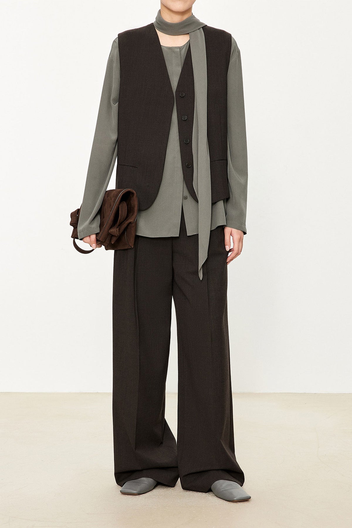 100% Silk Collarless Long Sleeve Blouse with Detachable Scarf