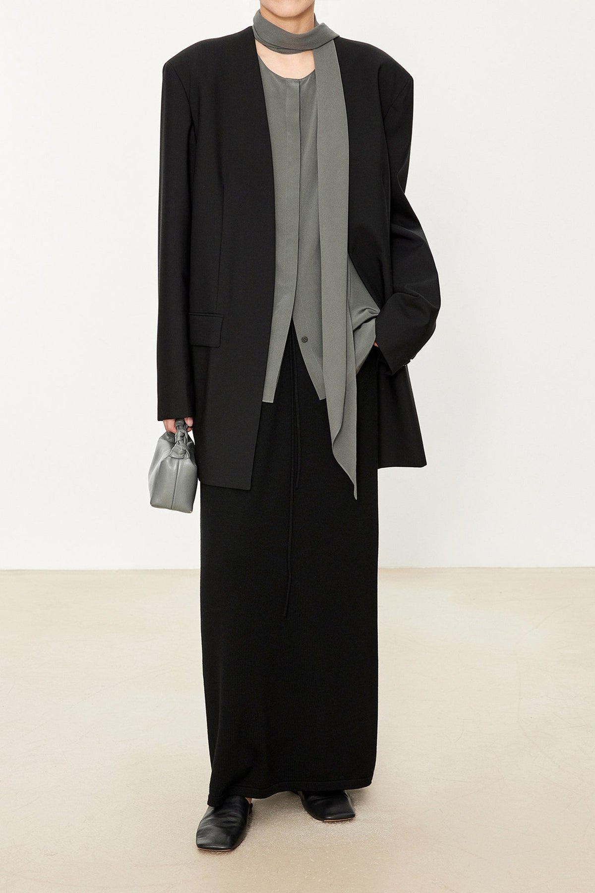 100% Silk Collarless Long Sleeve Blouse with Detachable Scarf