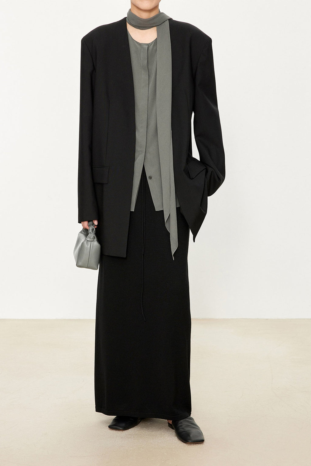 100% Silk Collarless Long Sleeve Blouse with Detachable Scarf