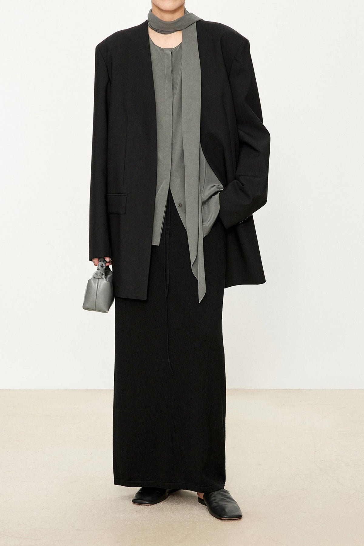 100% Silk Collarless Long Sleeve Blouse with Detachable Scarf