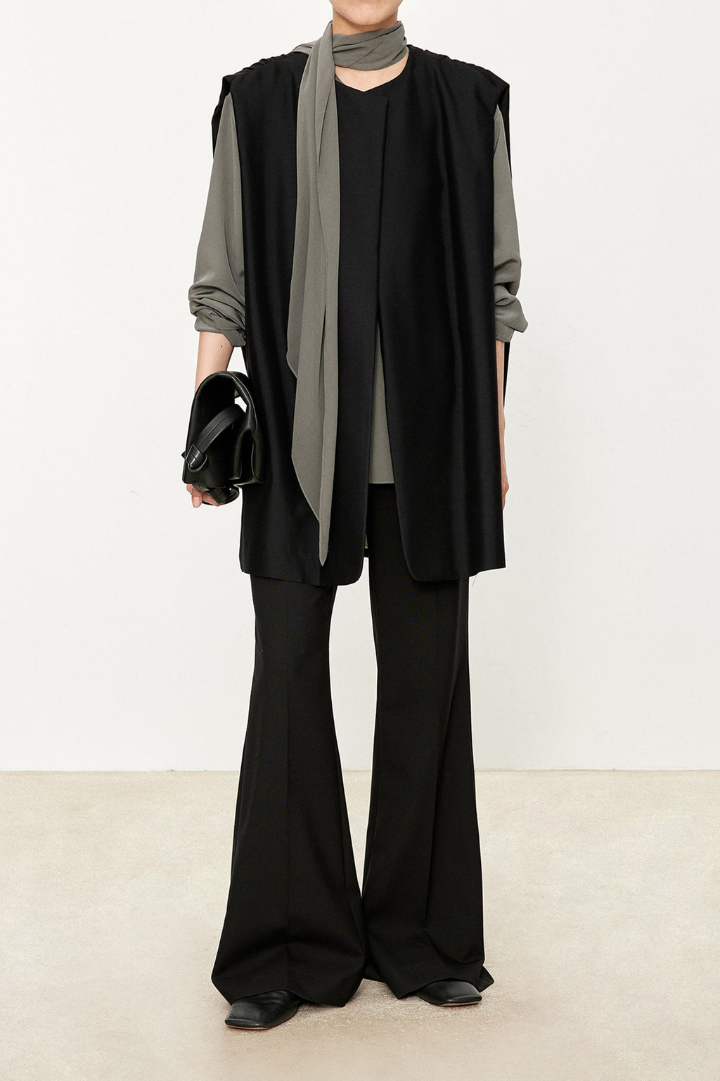 100% Silk Collarless Long Sleeve Blouse with Detachable Scarf