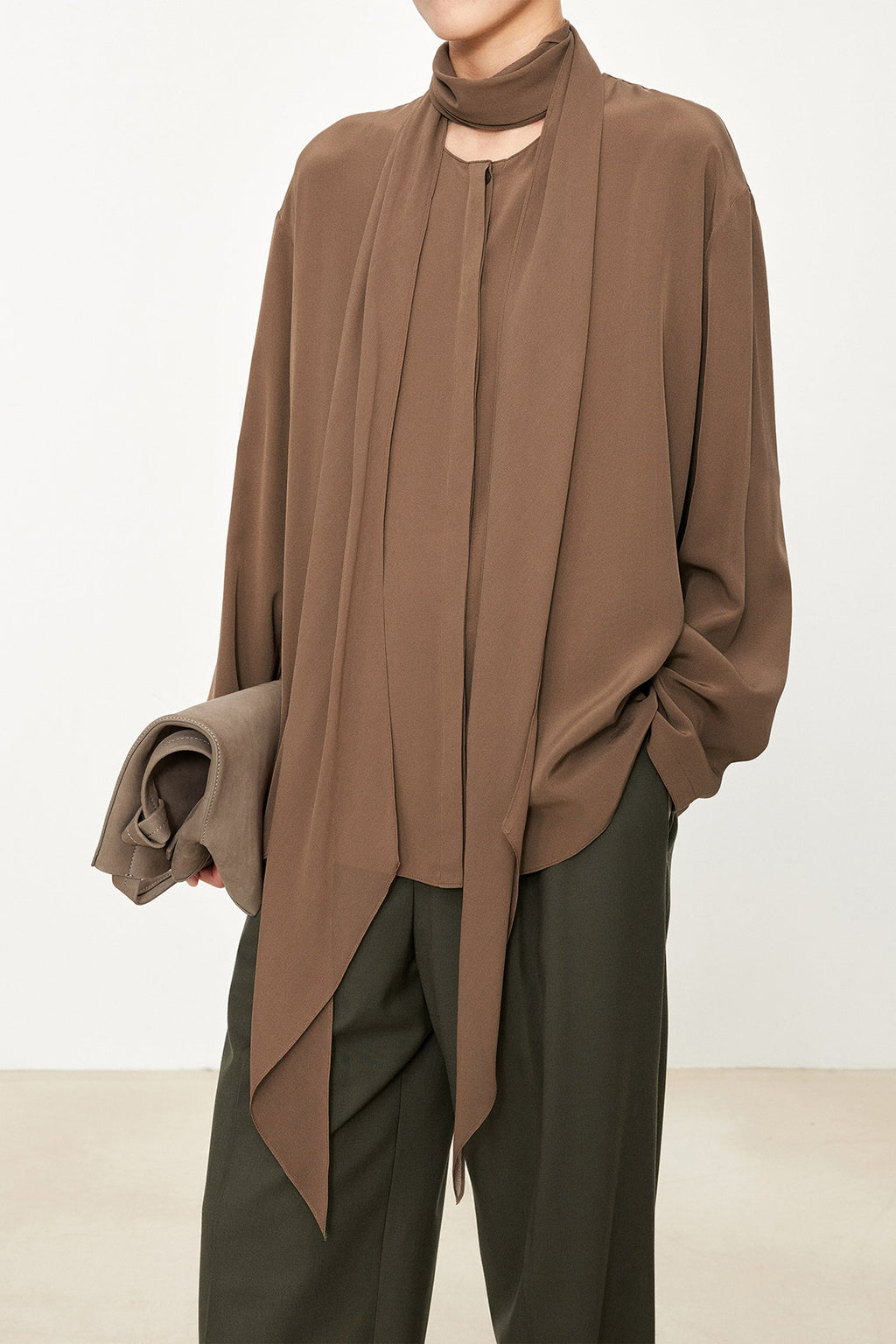 100% Silk Collarless Long Sleeve Blouse with Detachable Scarf