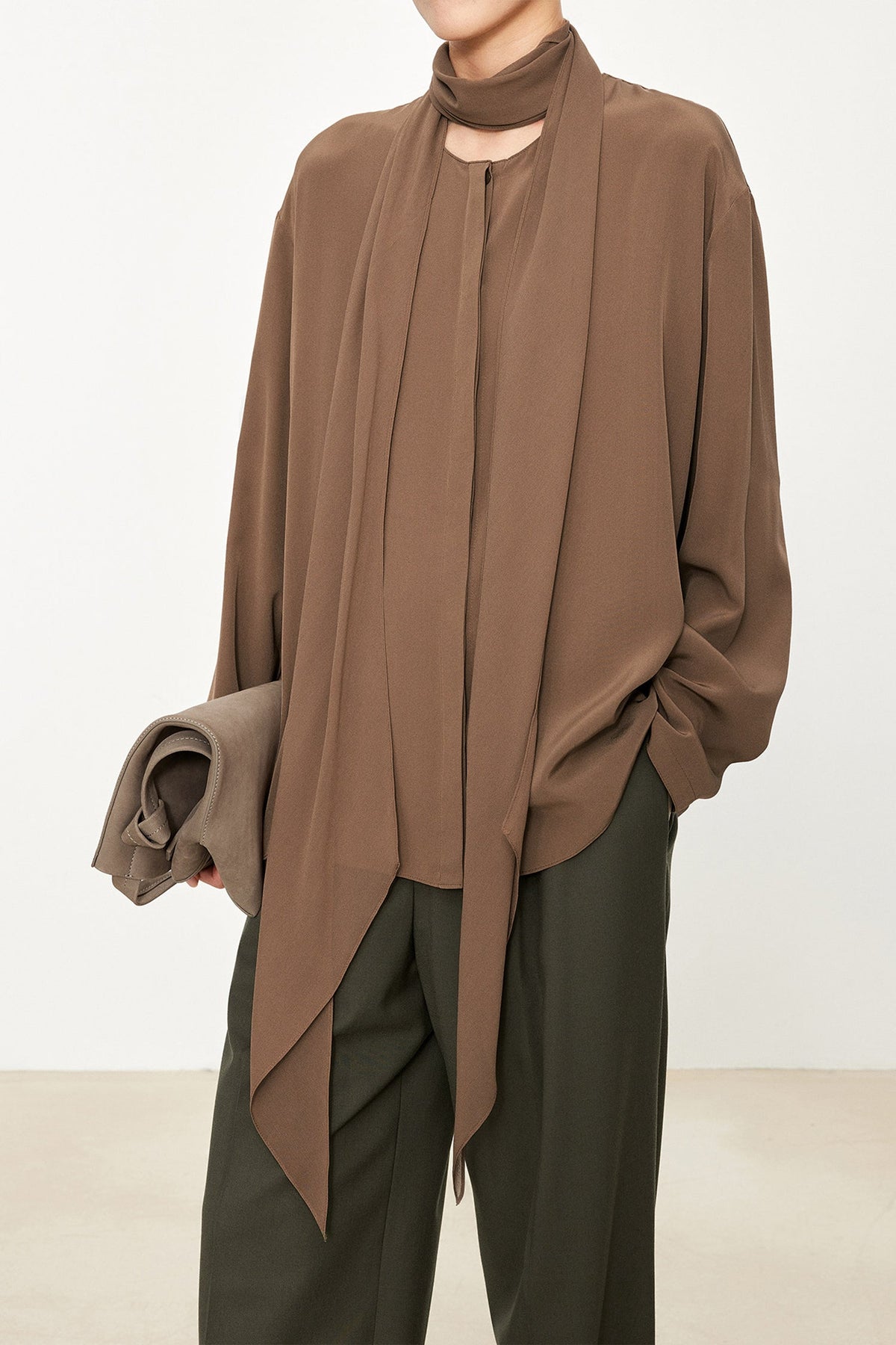 100% Silk Collarless Long Sleeve Blouse with Detachable Scarf
