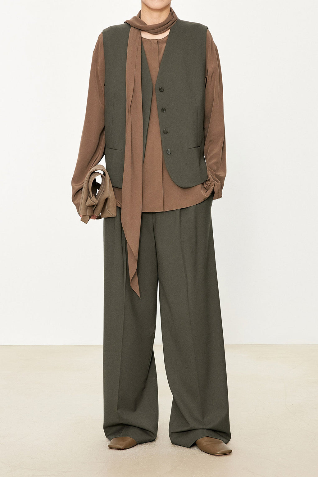 100% Silk Collarless Long Sleeve Blouse with Detachable Scarf