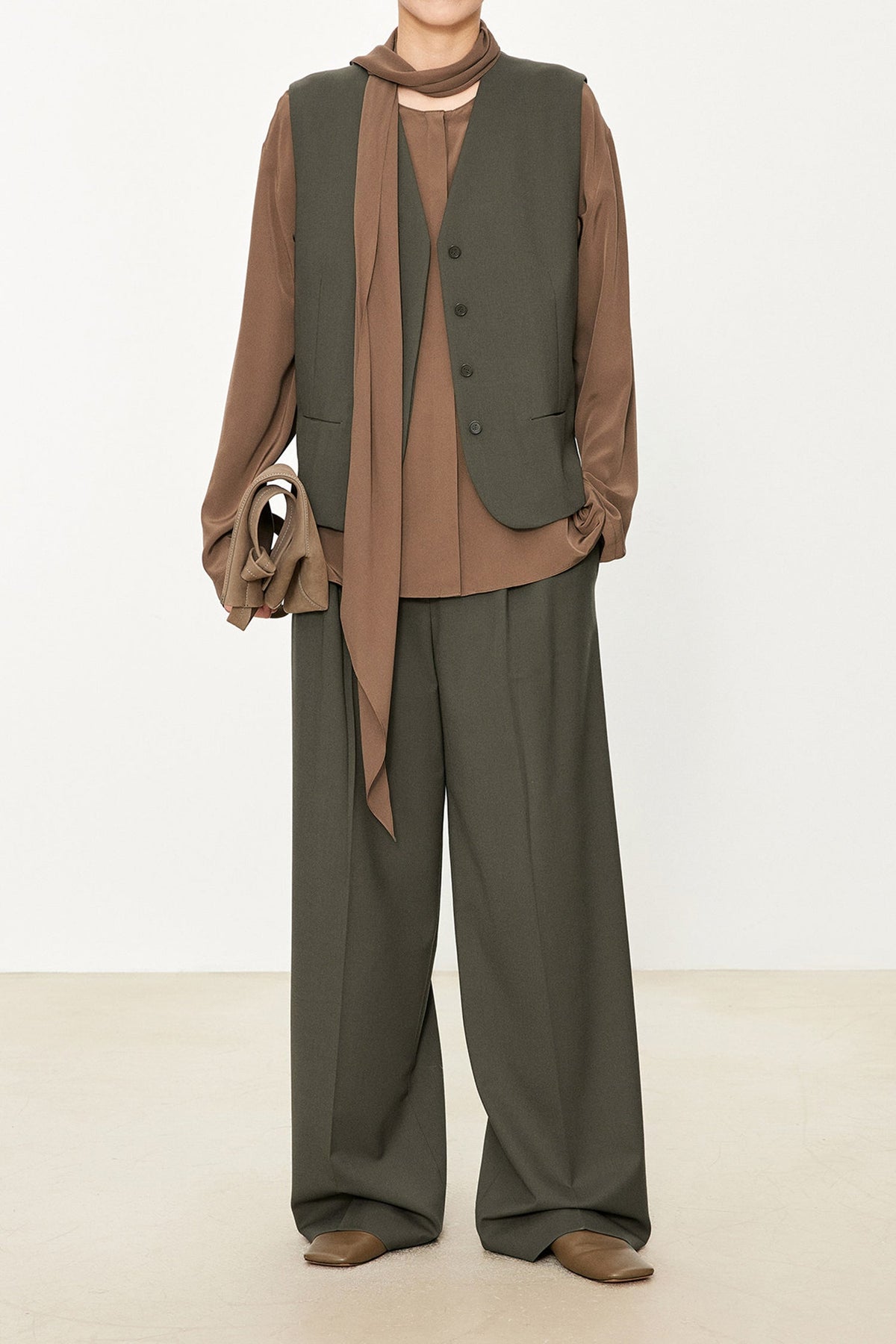 100% Silk Collarless Long Sleeve Blouse with Detachable Scarf