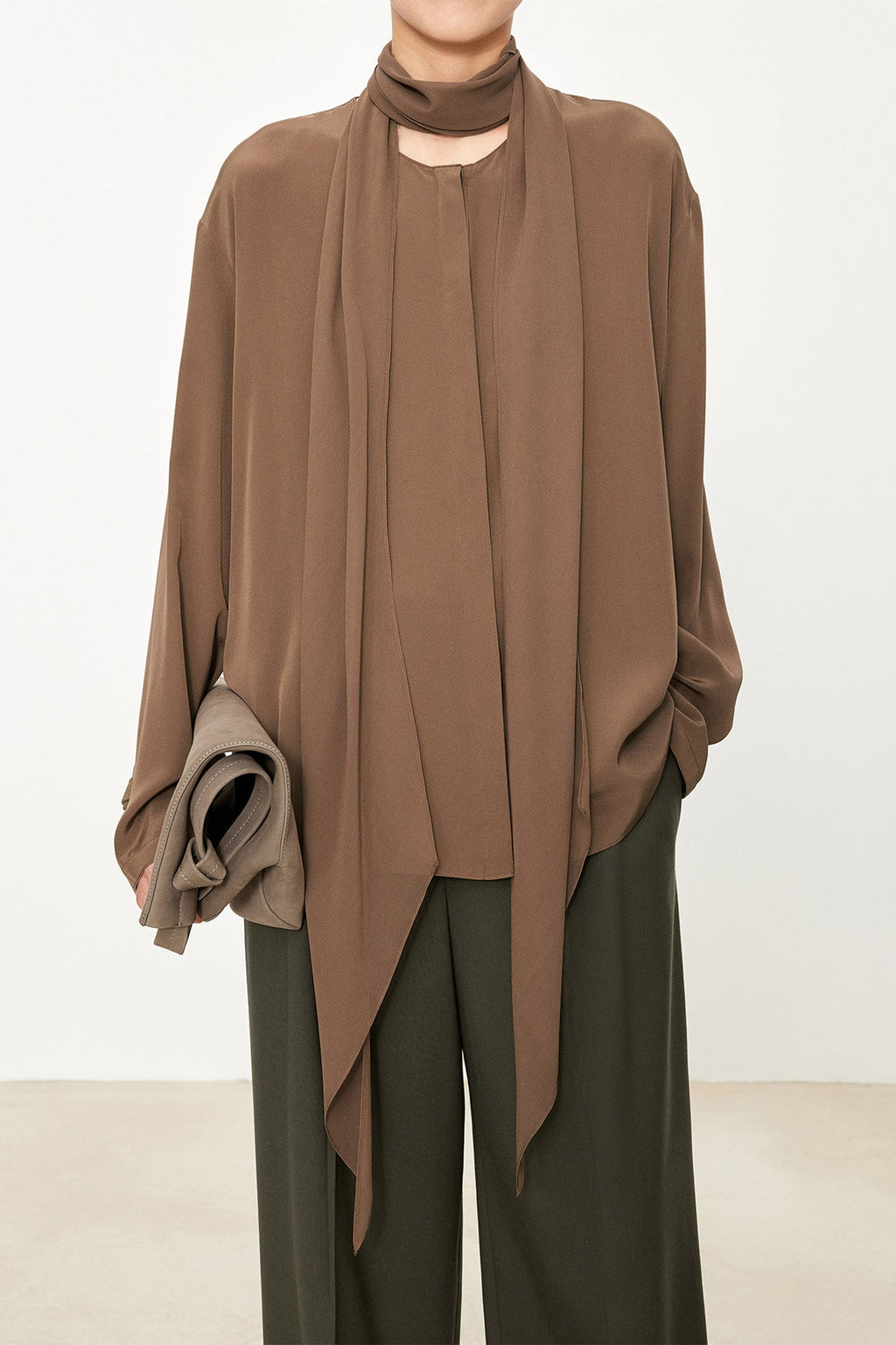 100% Silk Collarless Long Sleeve Blouse with Detachable Scarf