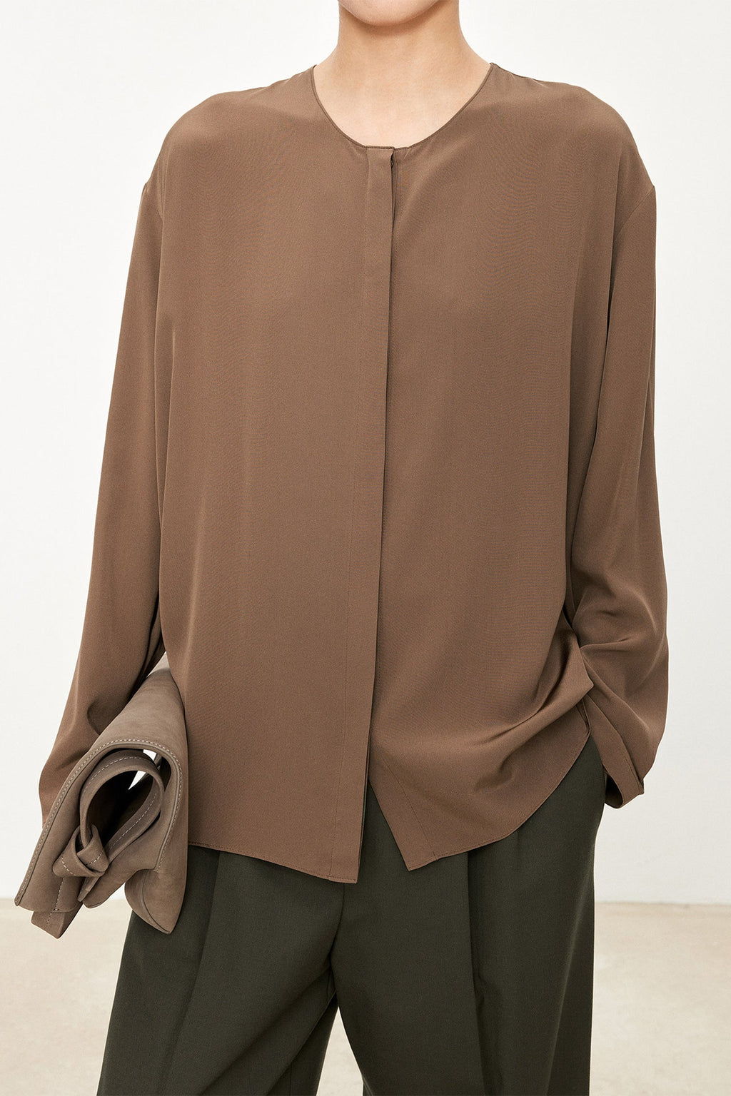 100% Silk Collarless Long Sleeve Blouse with Detachable Scarf