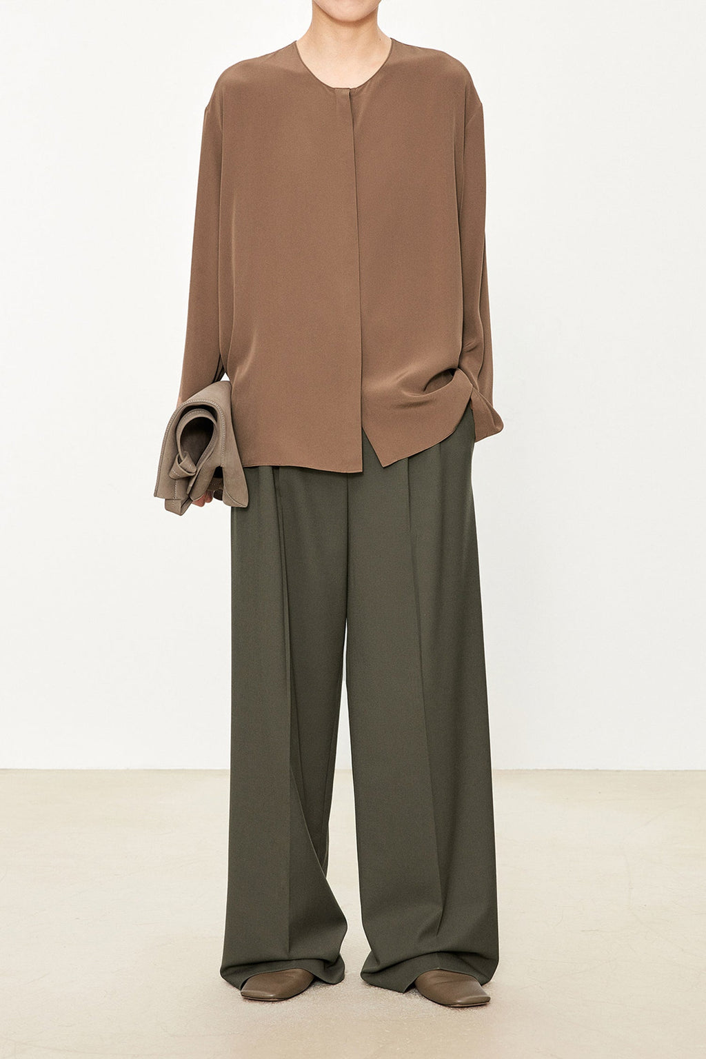 100% Silk Collarless Long Sleeve Blouse with Detachable Scarf