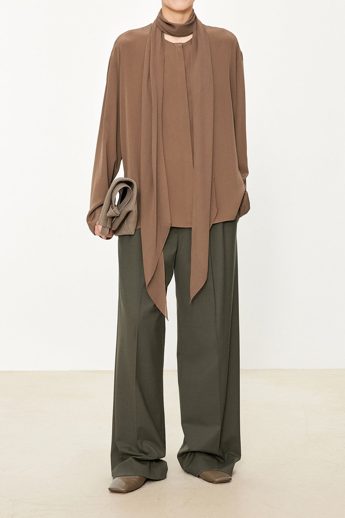 100% Silk Collarless Long Sleeve Blouse with Detachable Scarf