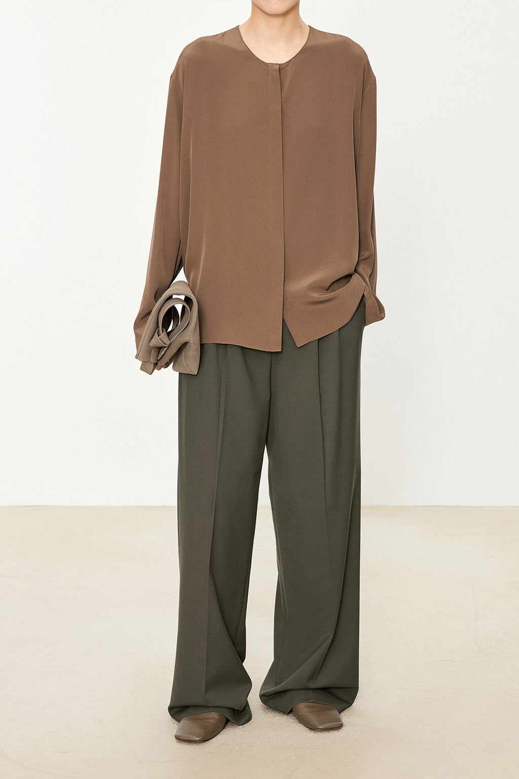 100% Silk Collarless Long Sleeve Blouse with Detachable Scarf