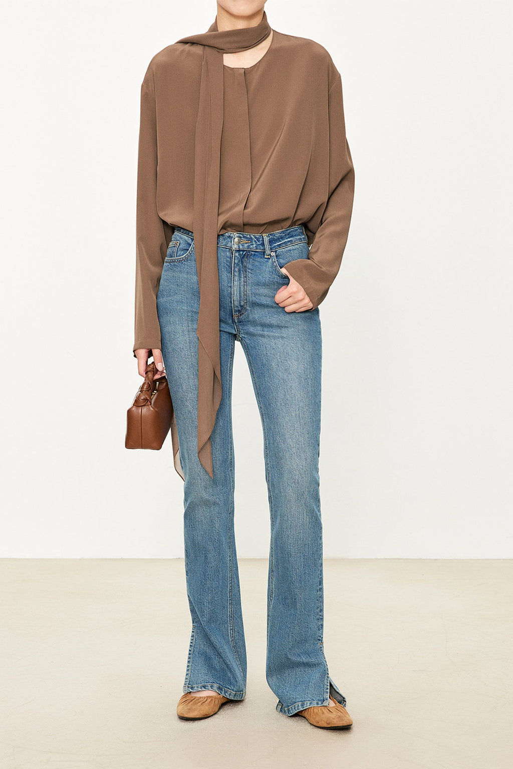 100% Silk Collarless Long Sleeve Blouse with Detachable Scarf