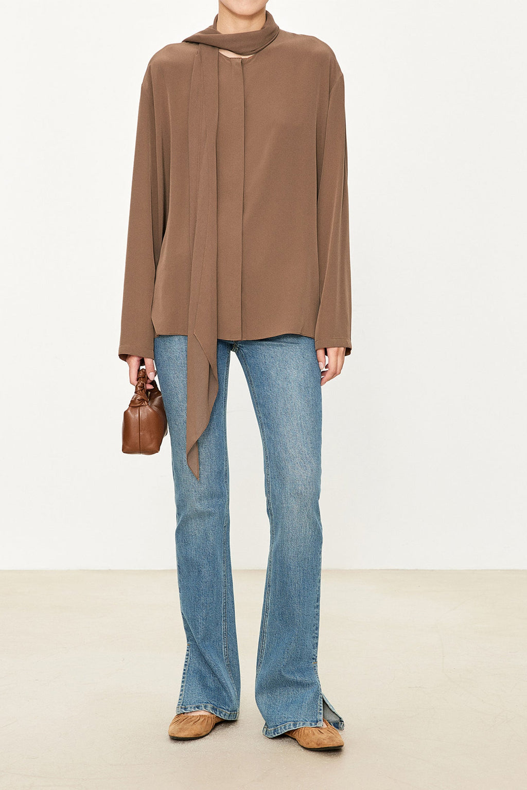 100% Silk Collarless Long Sleeve Blouse with Detachable Scarf