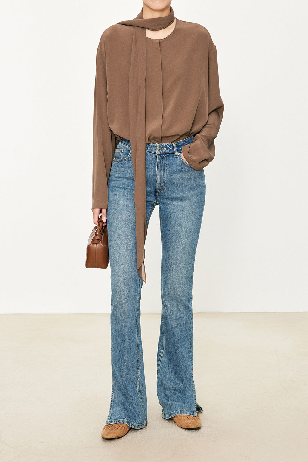 100% Silk Collarless Long Sleeve Blouse with Detachable Scarf