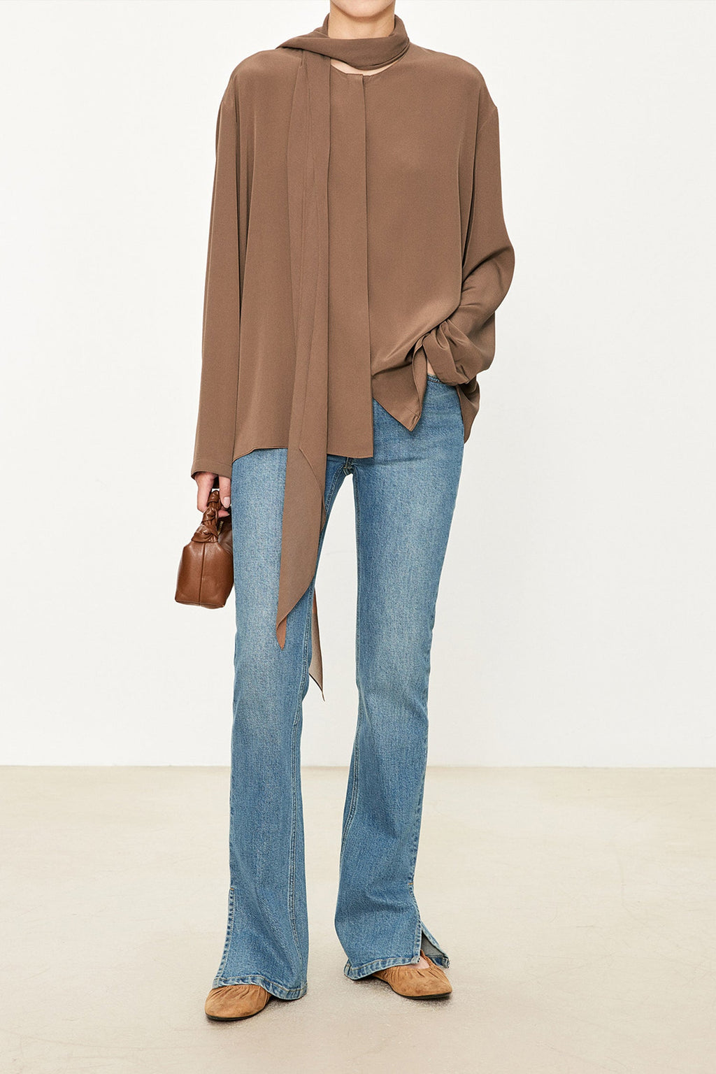 100% Silk Collarless Long Sleeve Blouse with Detachable Scarf