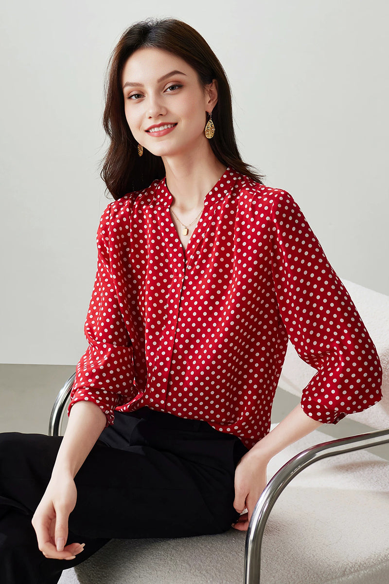 100% Silk Double Crepe Polka Dot Blouse in Red