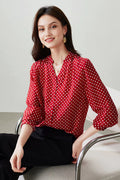 100% Silk Double Crepe Polka Dot Blouse in Red