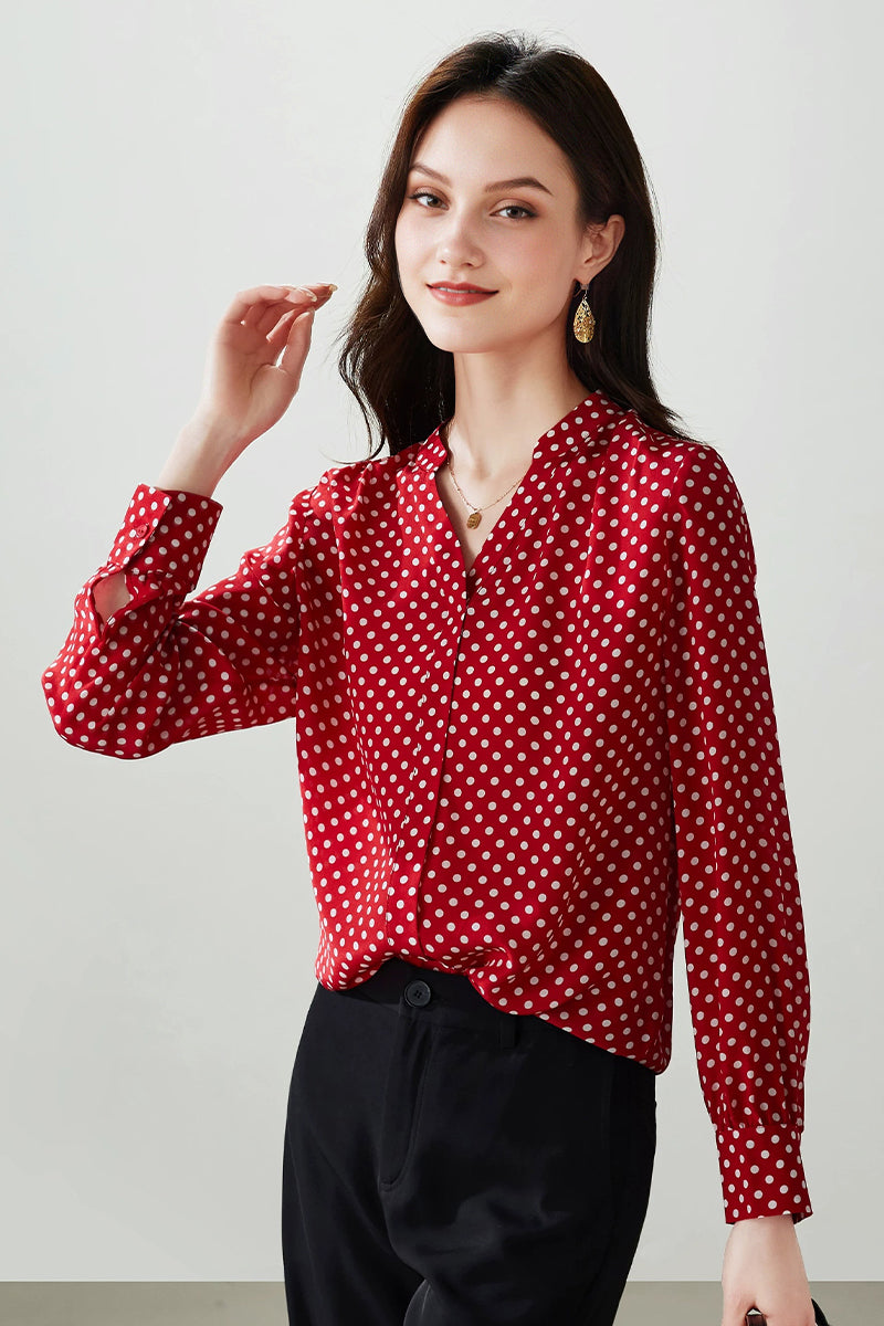 100% Silk Double Crepe Polka Dot Blouse in Red