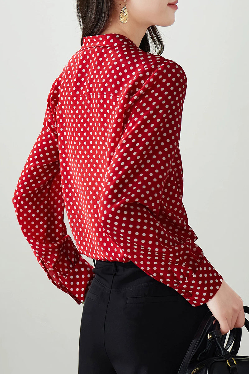 100% Silk Double Crepe Polka Dot Blouse in Red