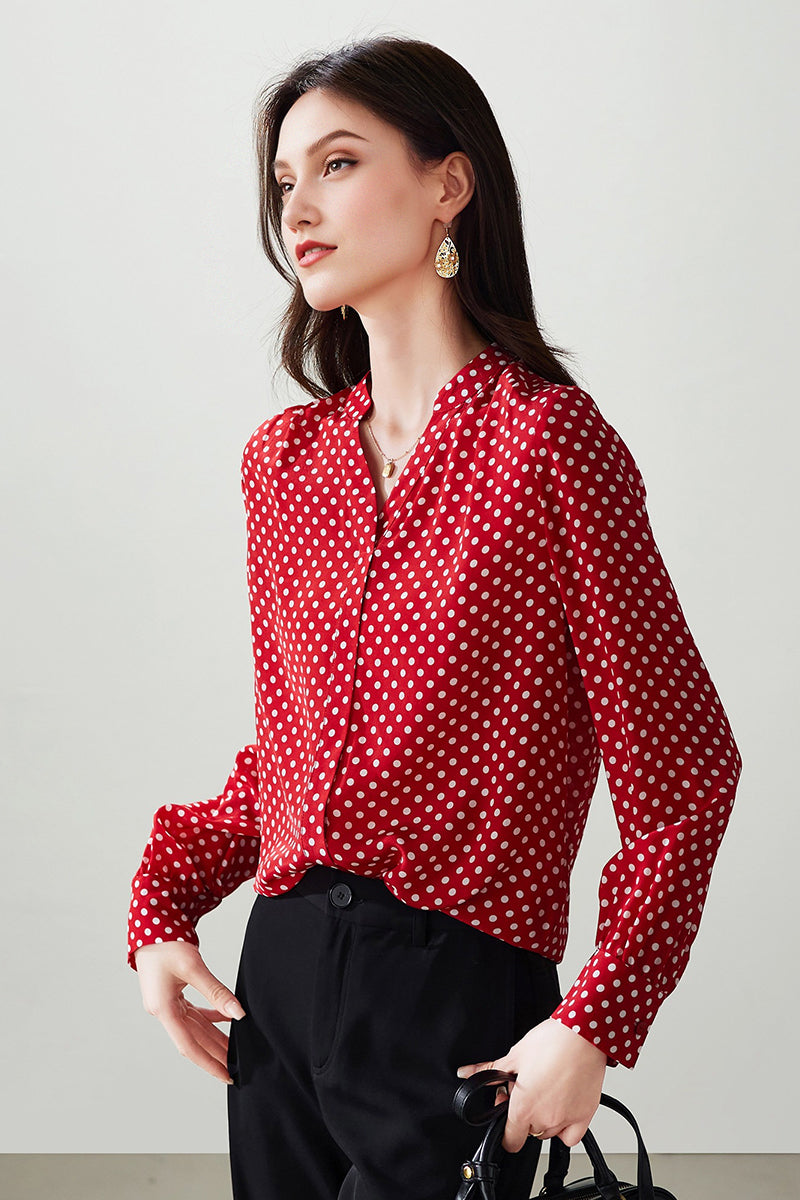 100% Silk Double Crepe Polka Dot Blouse in Red