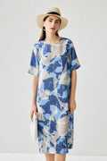 100% Silk Floral Midi Shift Dress with Pockets in Blue