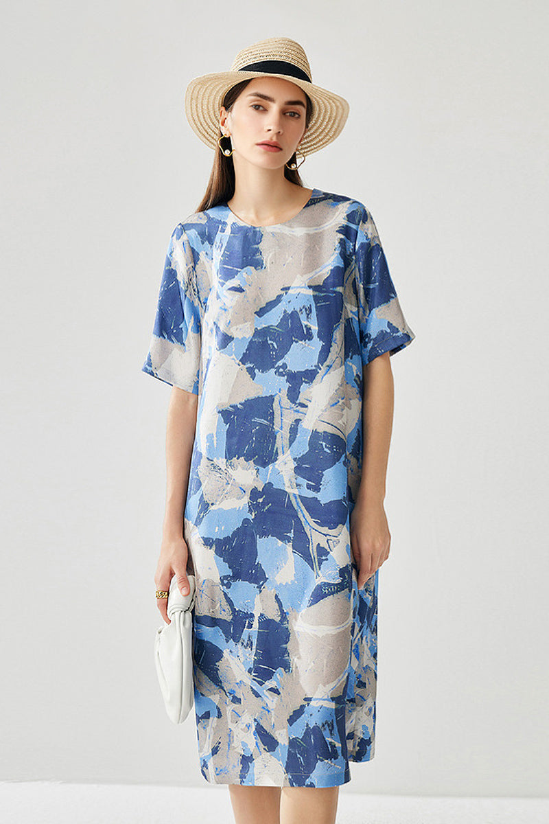 100% Silk Floral Midi Shift Dress with Pockets in Blue