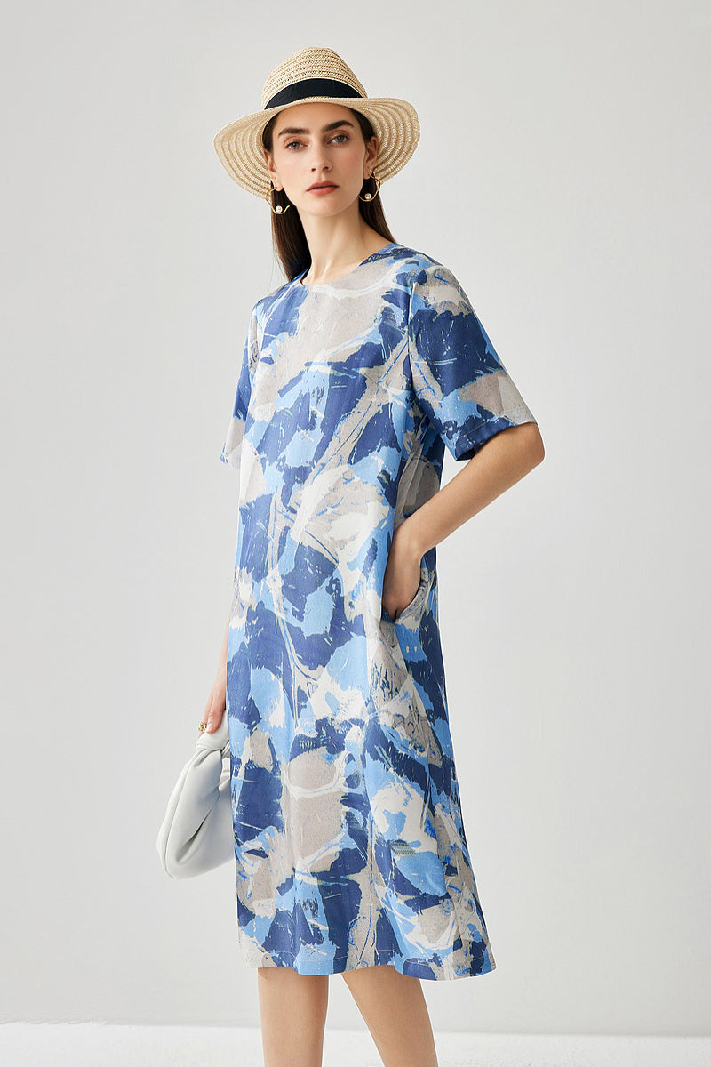100% Silk Floral Midi Shift Dress with Pockets in Blue
