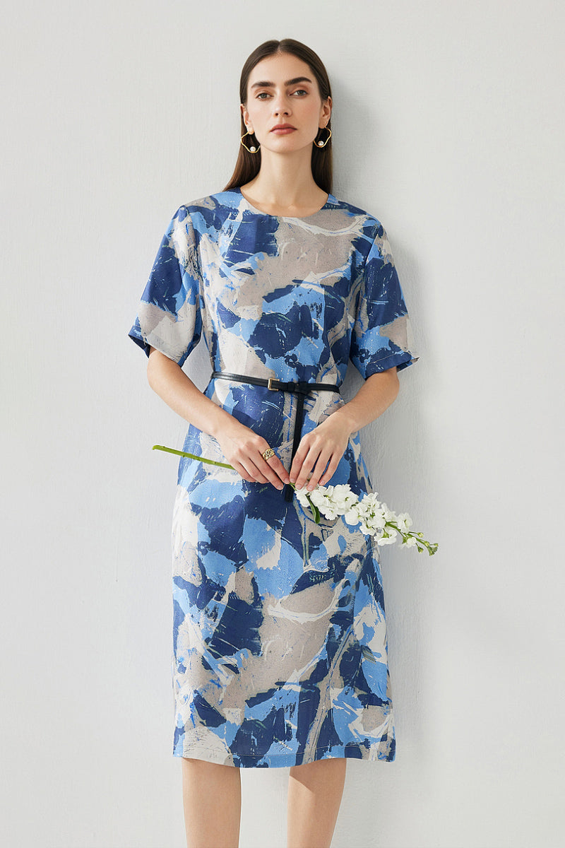 100% Silk Floral Midi Shift Dress with Pockets in Blue